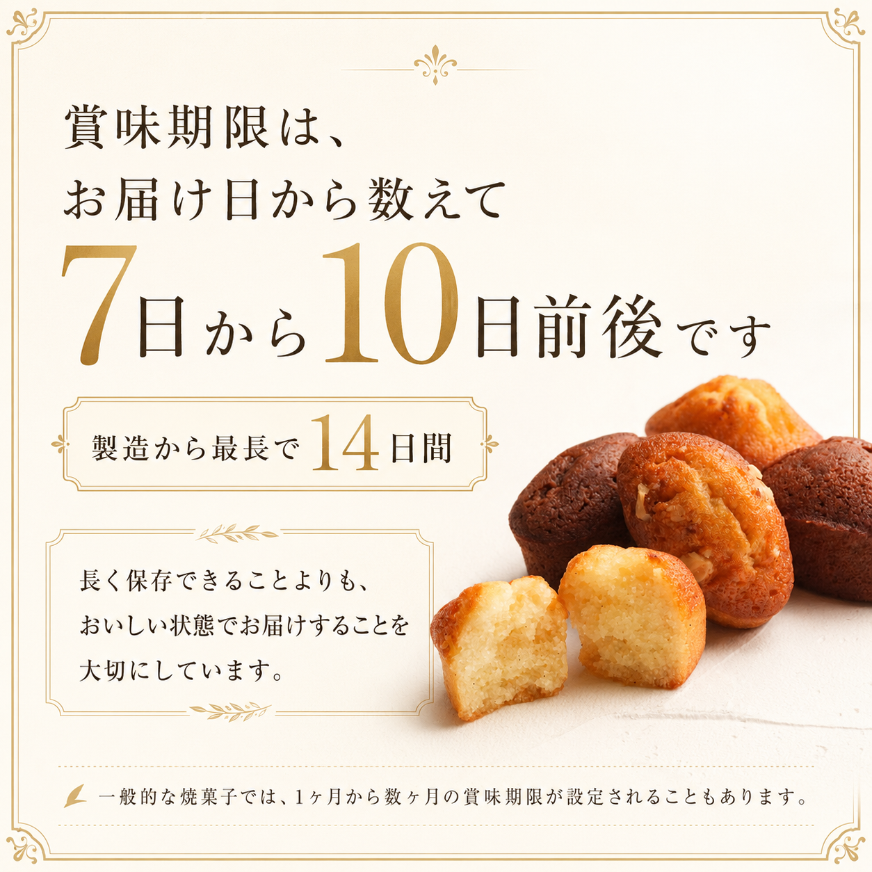 焼菓子の賞味期限はお届け日から数えて7日から10日前後で製造から最長14日間であることを案内する画像
